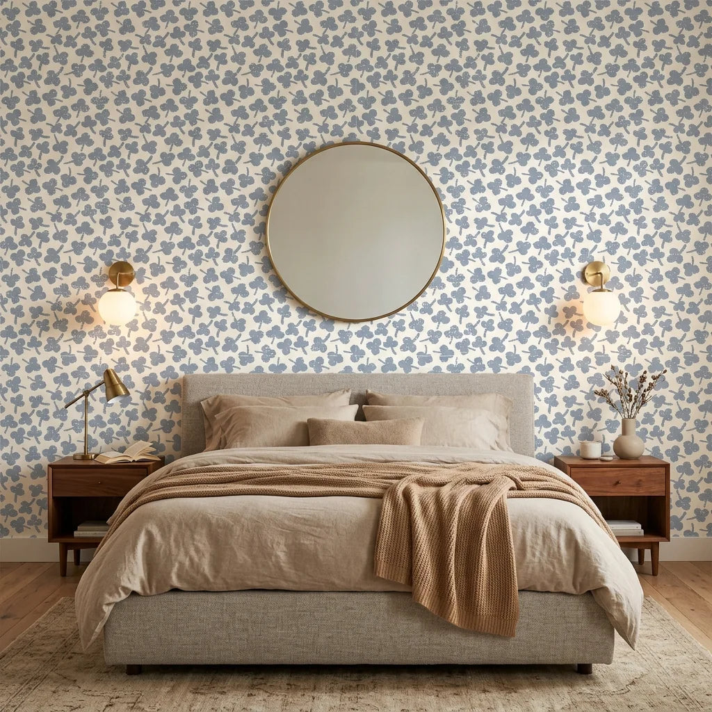 Blue Clover soft hand stamped pattern on ivory adding character to a cozy bedroom
