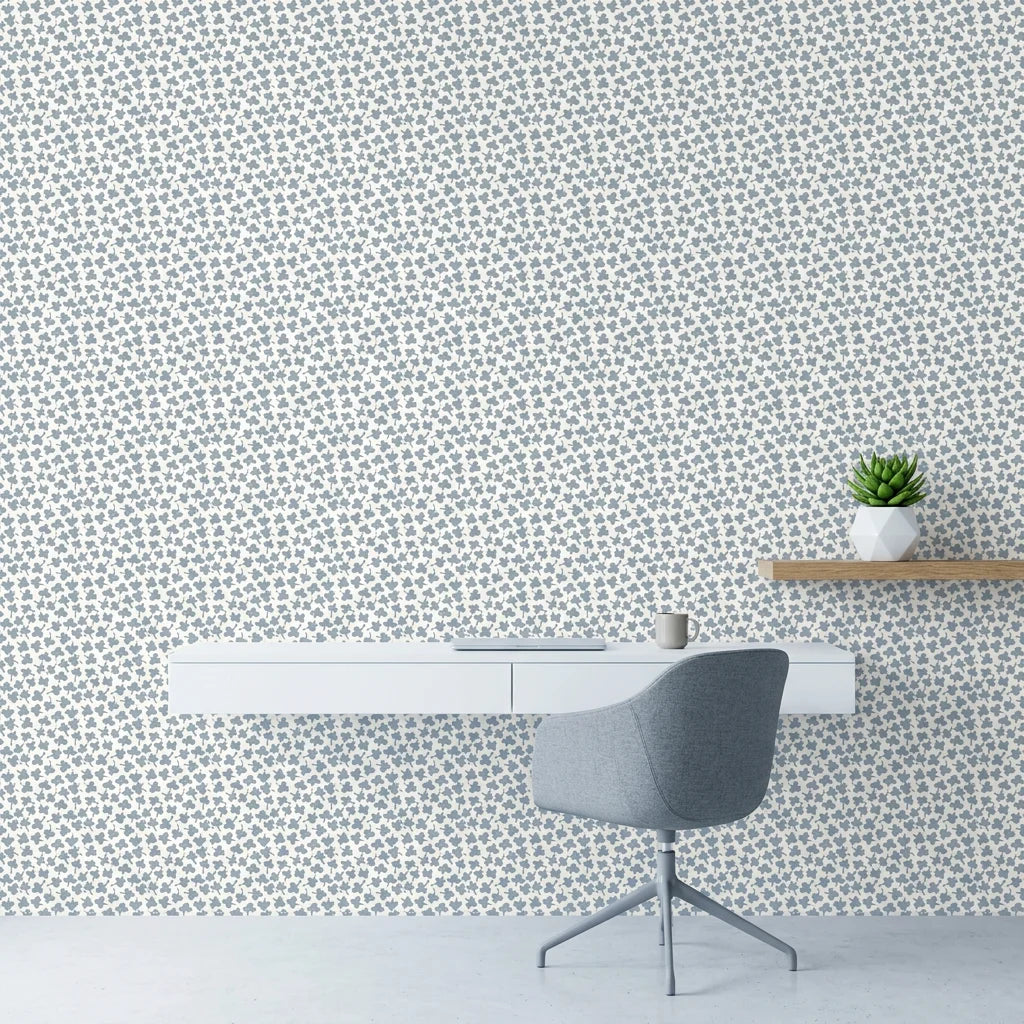 Blue Clover soft hand stamped pattern on ivory as a feature wall in a bright home office