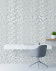 Blue Clover soft hand stamped pattern on ivory as a feature wall in a bright home office