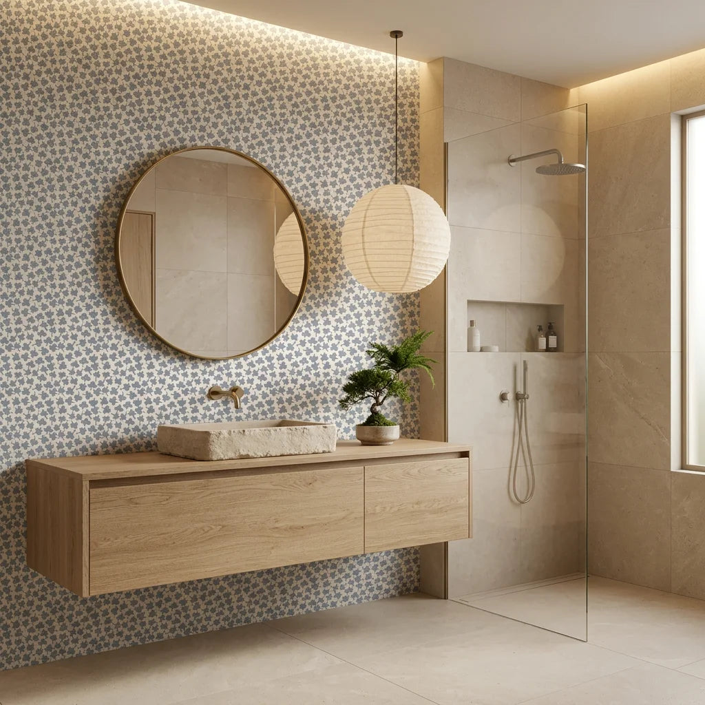 Blue Clover soft hand stamped pattern on ivory creating ambiance in a serene bathroom