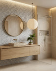 Blue Clover soft hand stamped pattern on ivory creating ambiance in a serene bathroom