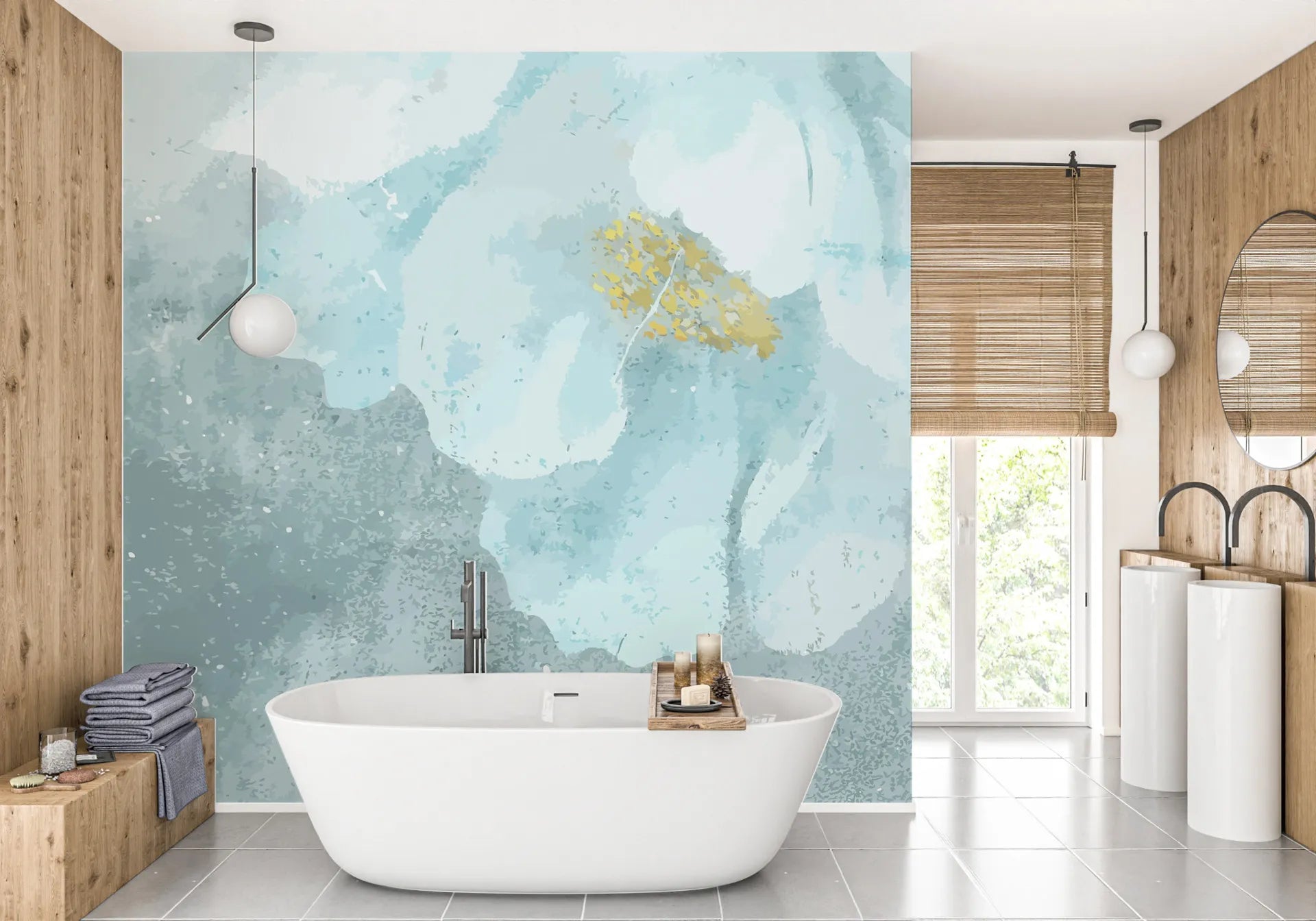 Blue Daydreams abstract watercolor wallpaper with aqua brushstrokes and gold accent in modern bathroom