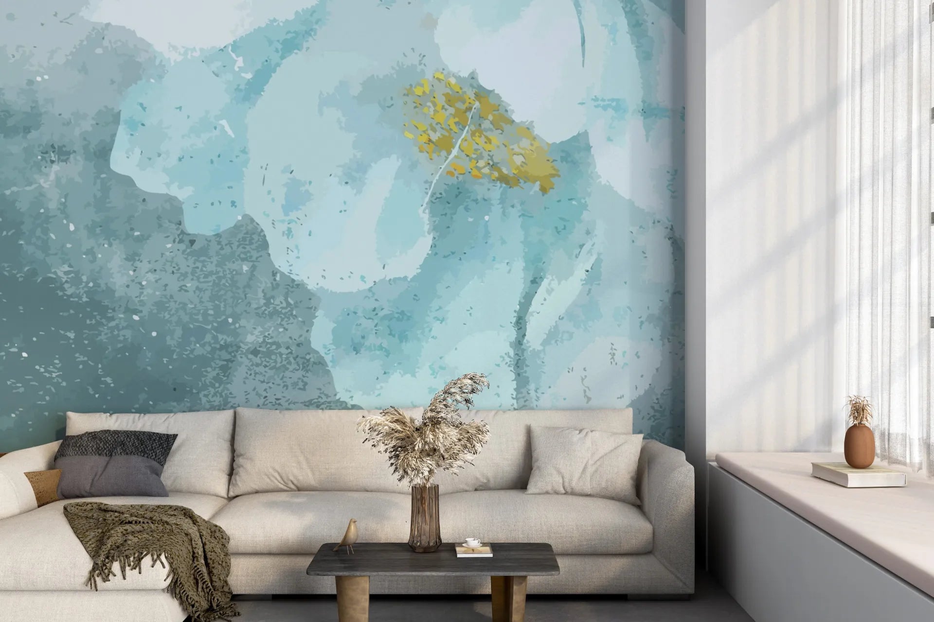 Blue Daydreams watercolor wallpaper with teal, gray washes and gold accent on modern living room wall