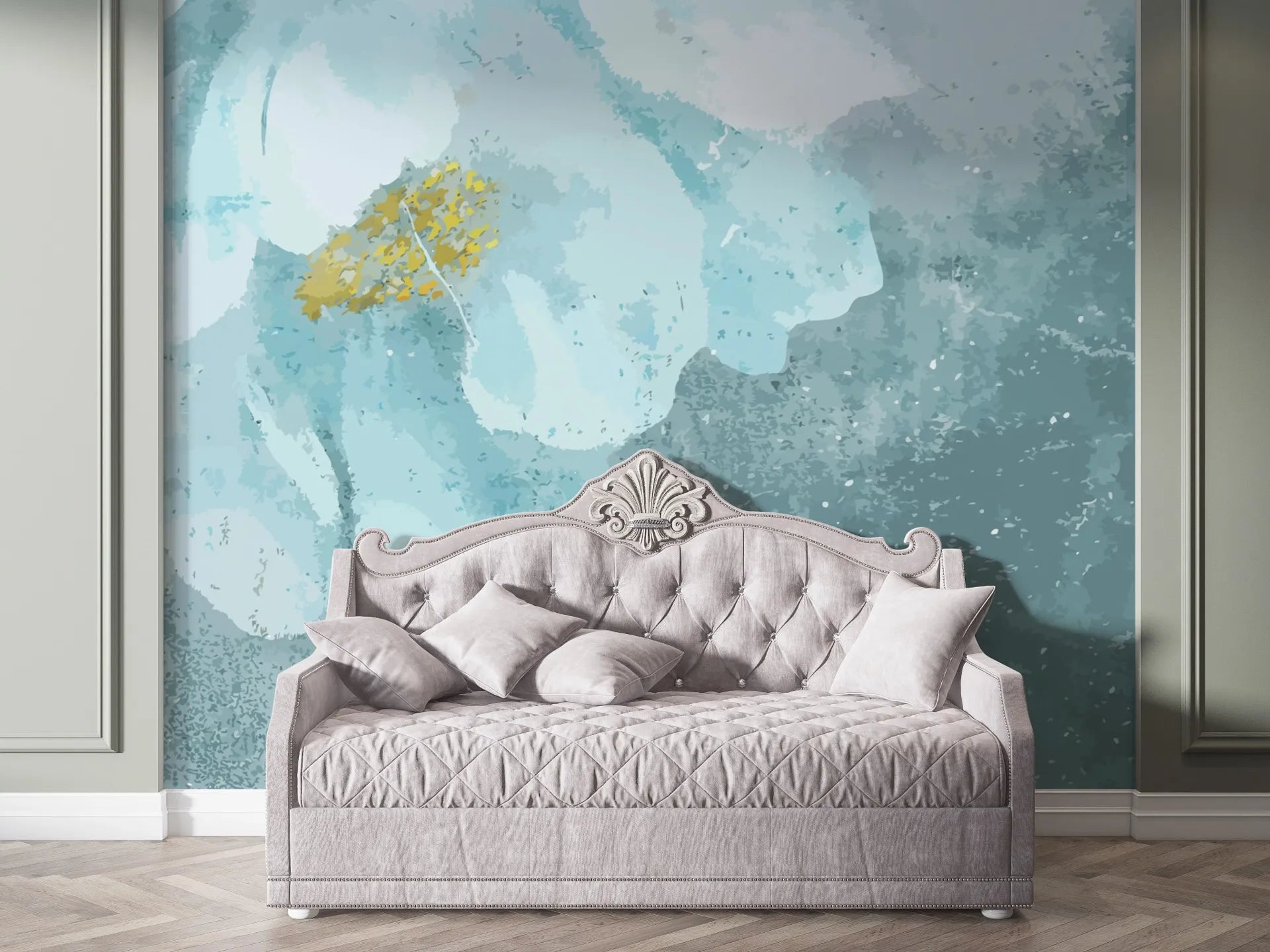 Aqua and gold watercolor Blue Daydreams peel and stick wallpaper behind elegant tufted daybed