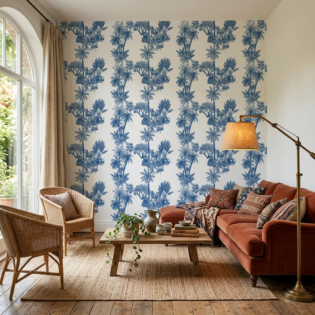 Blue Fable navy tiger toile in a warm and inviting living room