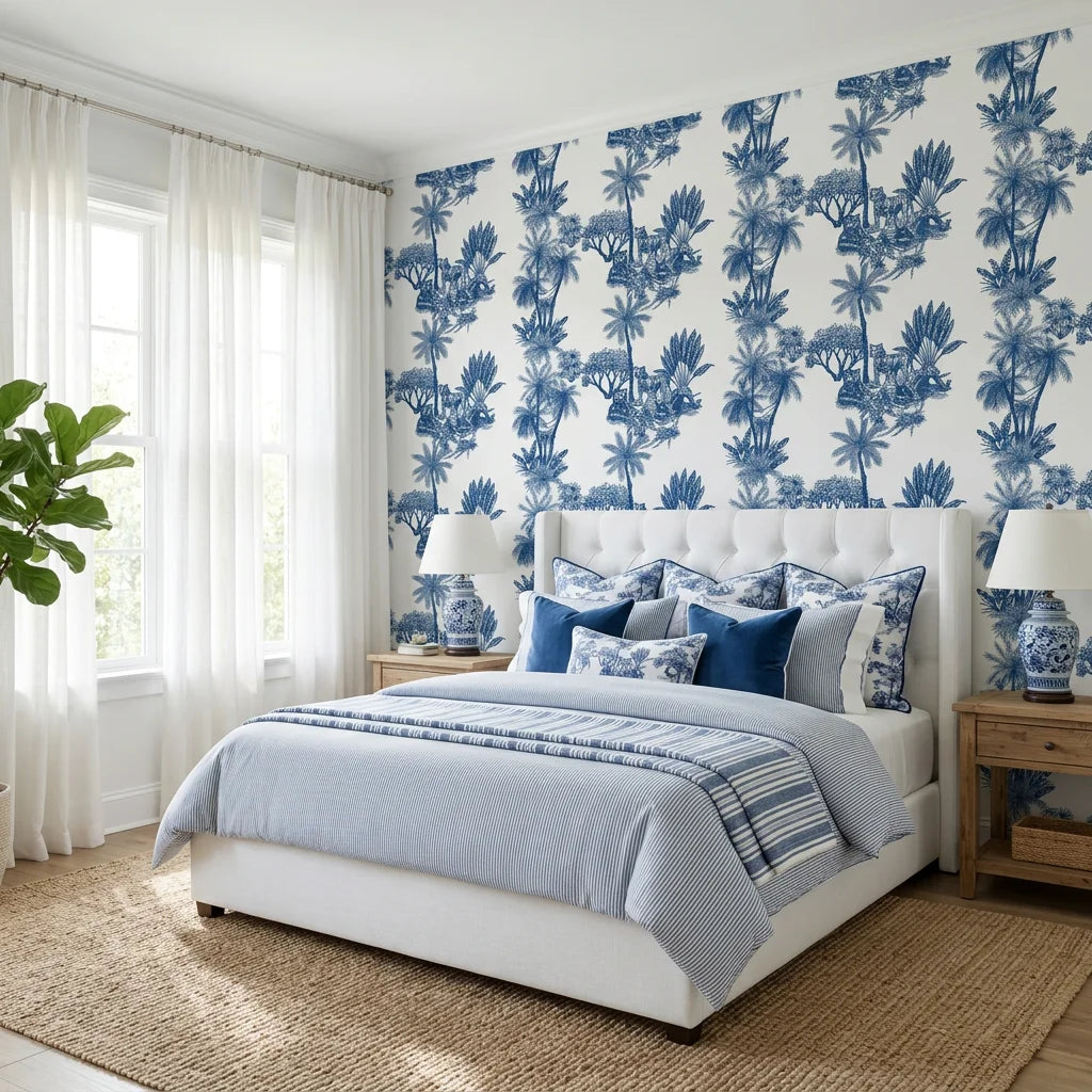 Blue Fable navy tiger toile adding character to a cozy bedroom