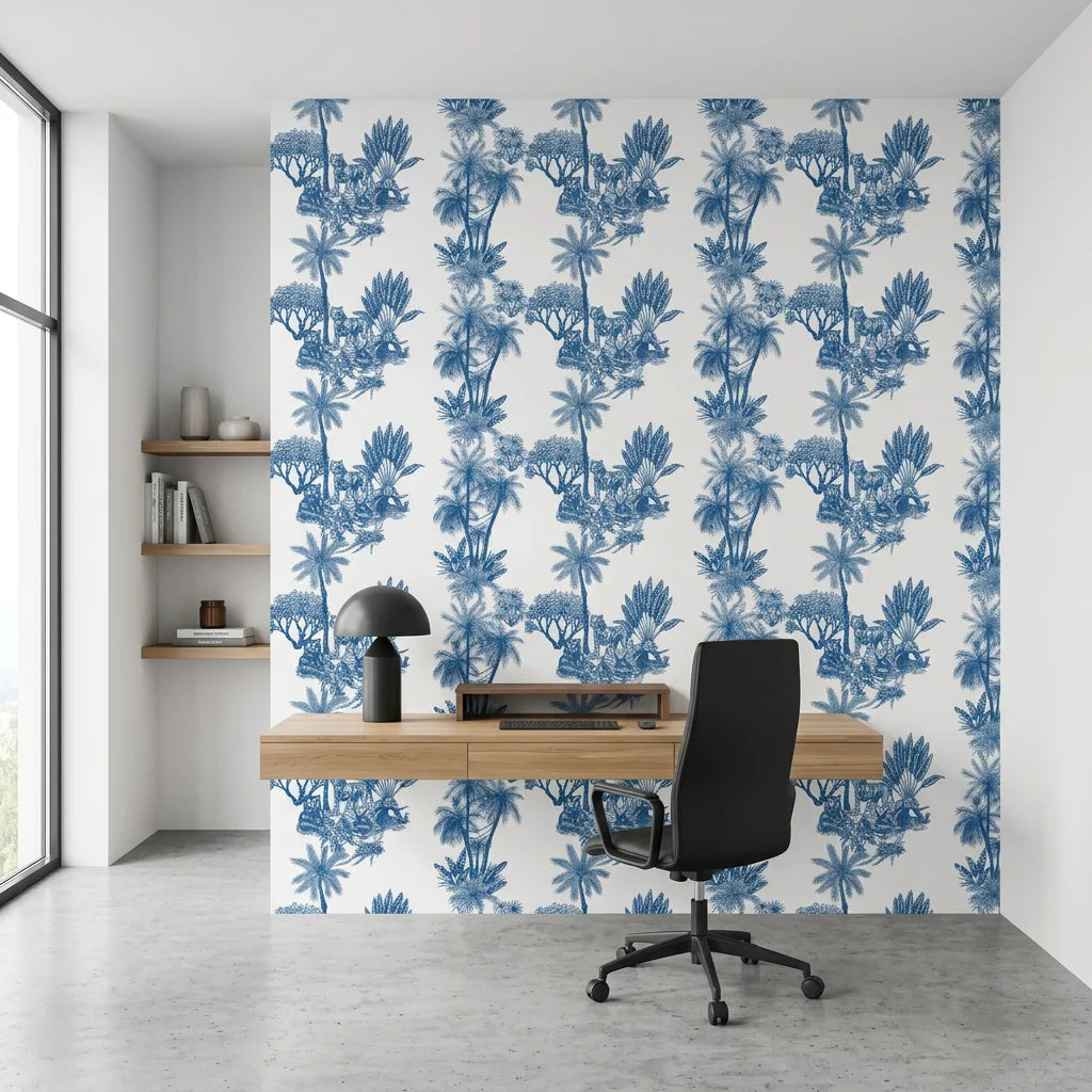 Blue Fable navy tiger toile as a feature wall in a bright home office