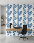Blue Fable navy tiger toile as a feature wall in a bright home office