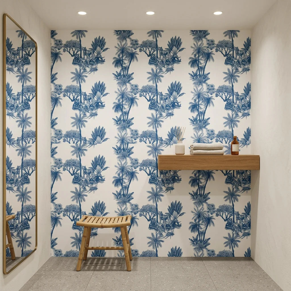 Blue Fable navy tiger toile creating ambiance in a serene bathroom