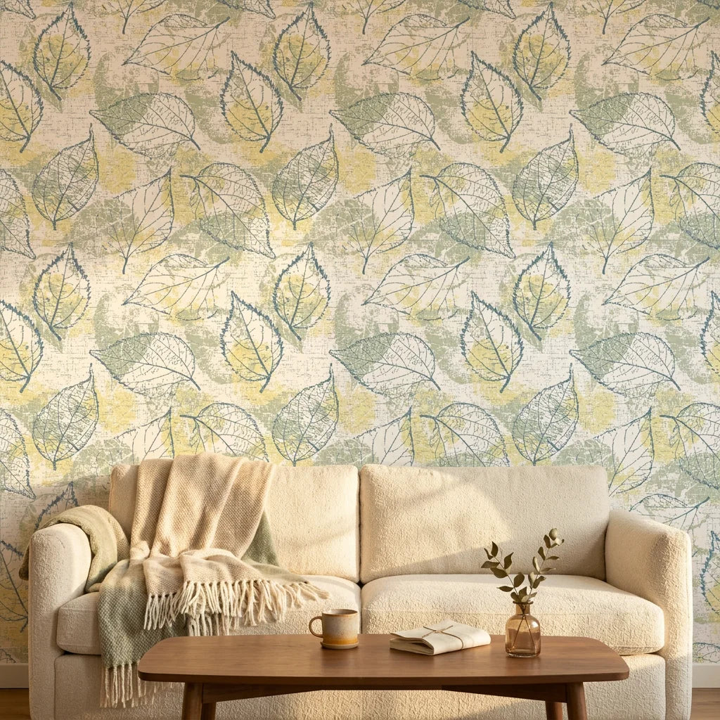 Textured white, blue, and yellow botanical peel and stick wallpaper - Blue Fossil