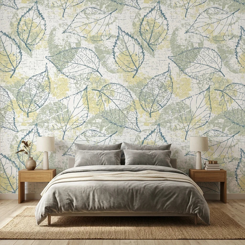 Blue Fossil distressed botanical peel and stick wallpaper in a warm and inviting living room