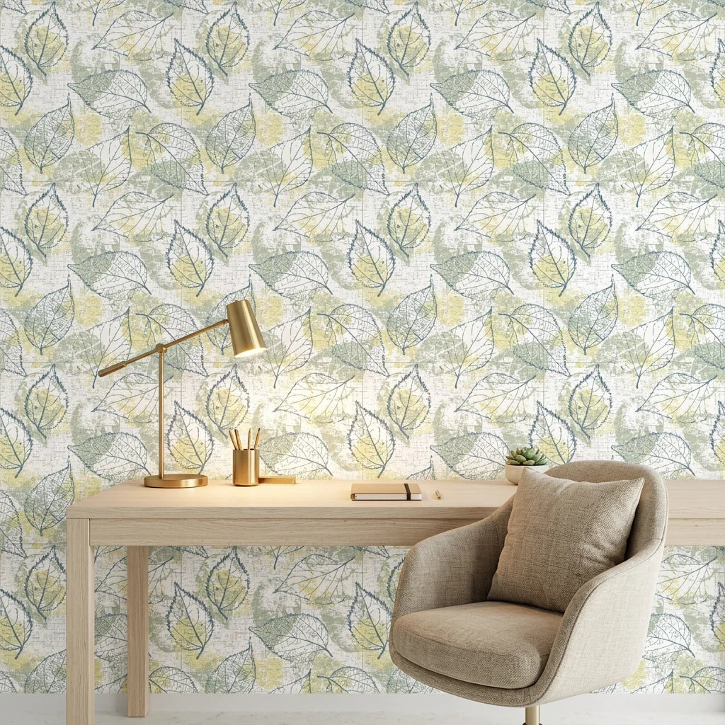 Blue Fossil distressed botanical peel and stick wallpaper adding character to a cozy bedroom