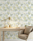 Blue Fossil distressed botanical peel and stick wallpaper adding character to a cozy bedroom