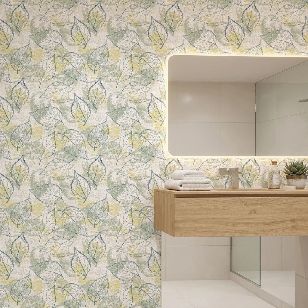 Blue Fossil distressed botanical peel and stick wallpaper as a feature wall in a bright home office