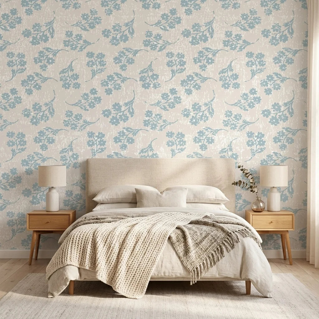 Blue Garden serene blue floral wallpaper adding character to a cozy bedroom