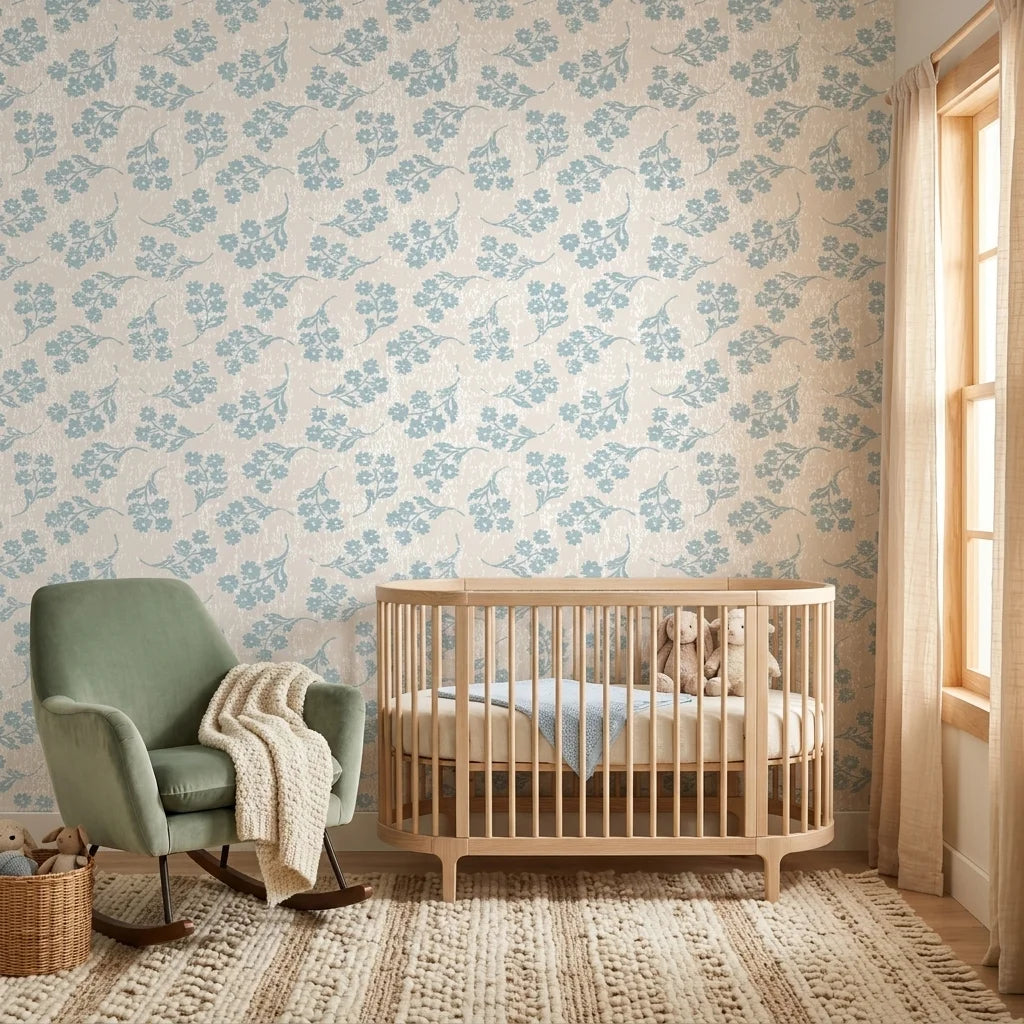 Blue Garden serene blue floral wallpaper bringing warmth to a peaceful nursery
