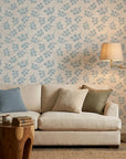 Blue Garden serene blue floral wallpaper in a warm and inviting living room