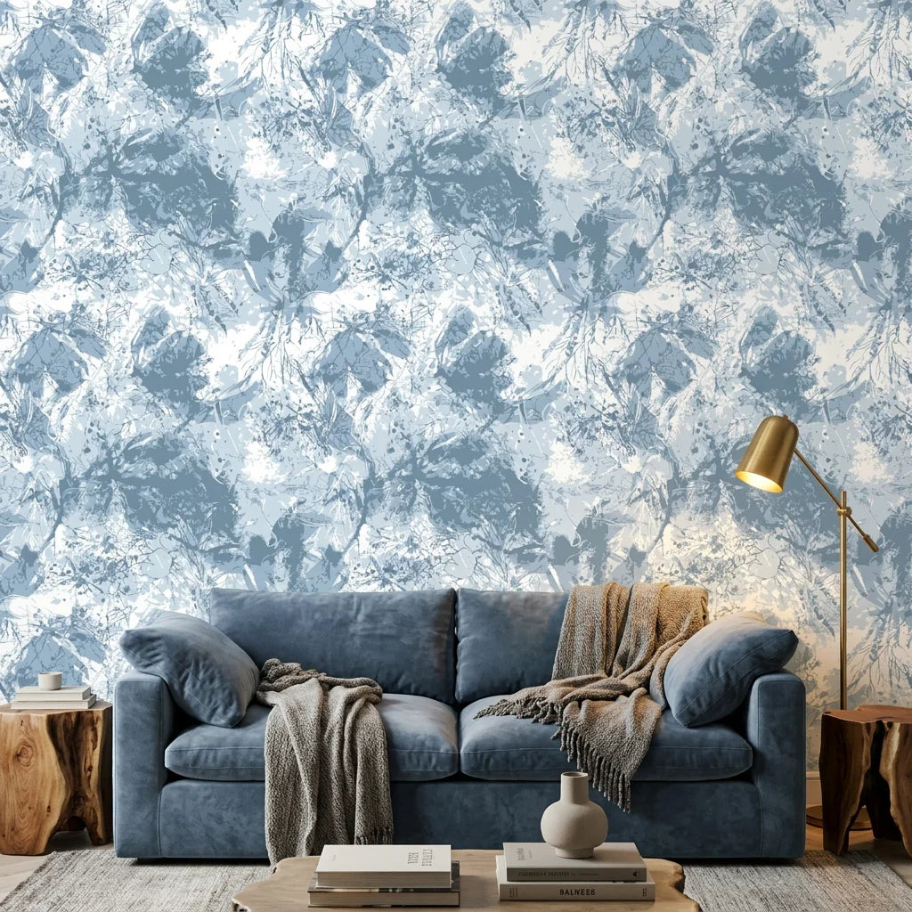 Blue Ink Garden serene blue botanical wallpaper in a warm and inviting living room