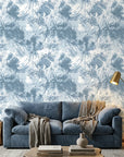 Blue Ink Garden serene blue botanical wallpaper in a warm and inviting living room