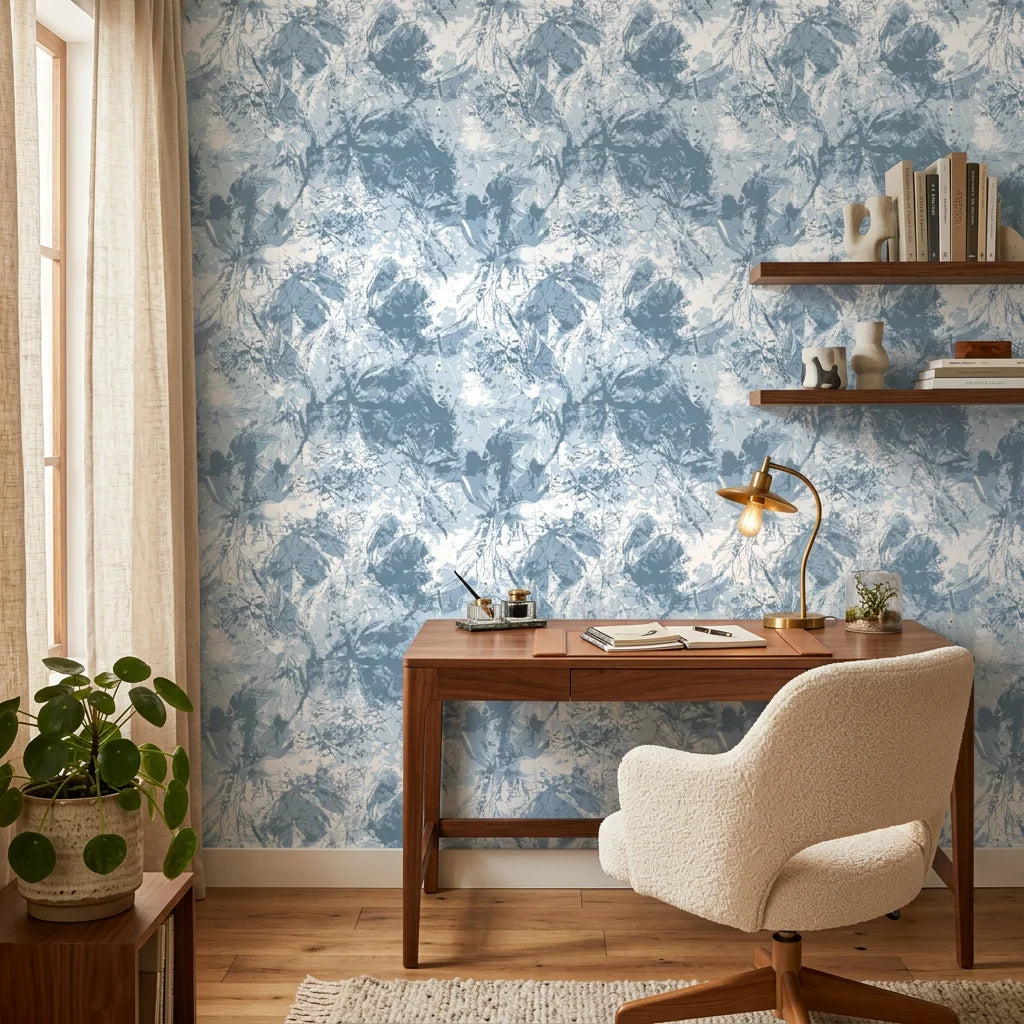 Blue Ink Garden serene blue botanical wallpaper adding character to a cozy bedroom
