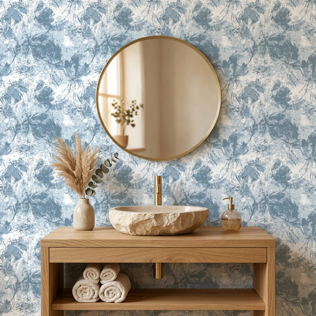 Blue Ink Garden serene blue botanical wallpaper as a feature wall in a bright home office