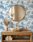 Blue Ink Garden serene blue botanical wallpaper as a feature wall in a bright home office