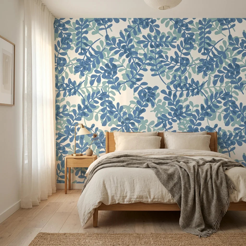 Smooth blue and jade botanical peel and stick wallpaper - Blue Jade