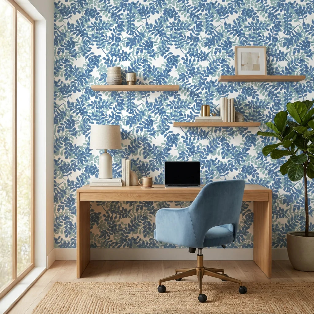 Blue Jade serene blue botanical wallpaper in a warm and inviting living room