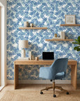 Blue Jade serene blue botanical wallpaper in a warm and inviting living room