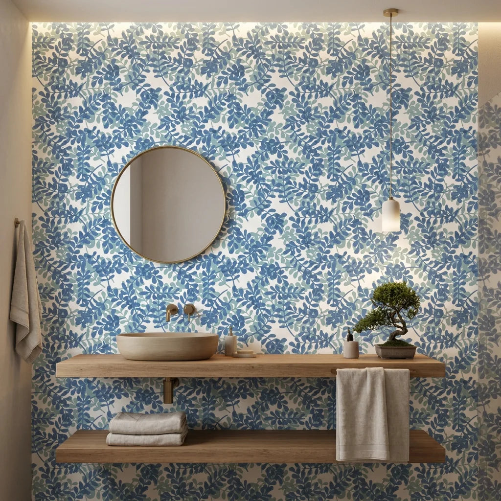 Blue Jade serene blue botanical wallpaper adding character to a cozy bedroom