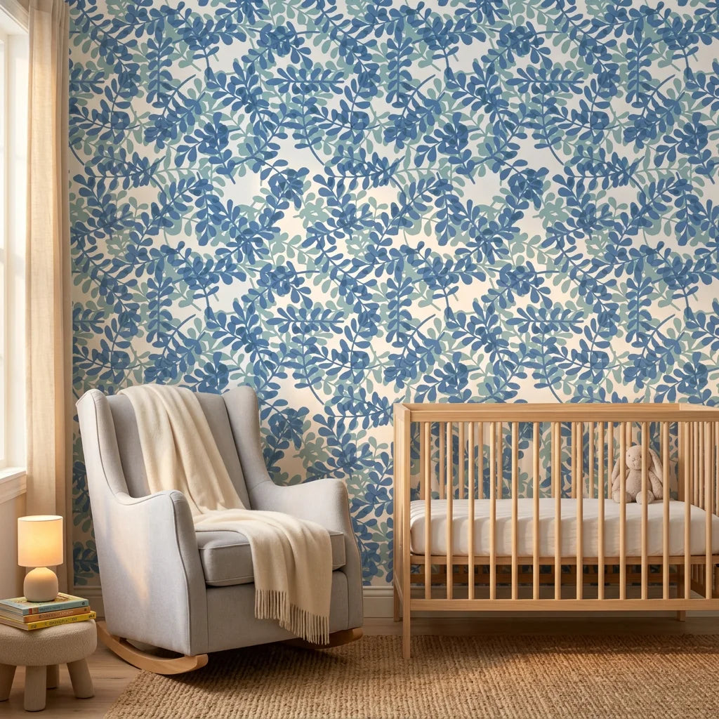 Blue Jade serene blue botanical wallpaper as a feature wall in a bright home office