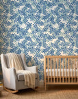 Blue Jade serene blue botanical wallpaper as a feature wall in a bright home office