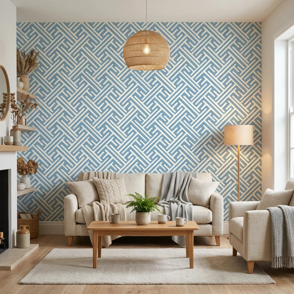 Smooth light blue geometric labyrinth peel and stick wallpaper - Blue Labyrinth