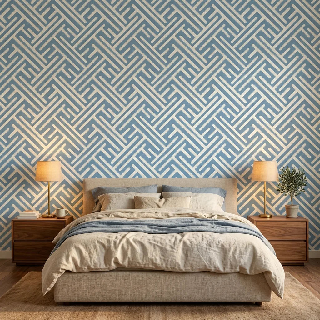 Blue Labyrinth modern geometric peel and stick wallpaper in a warm and inviting living room