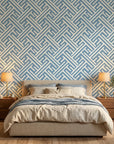 Blue Labyrinth modern geometric peel and stick wallpaper in a warm and inviting living room