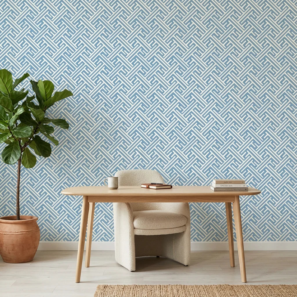 Blue Labyrinth modern geometric peel and stick wallpaper adding character to a cozy bedroom