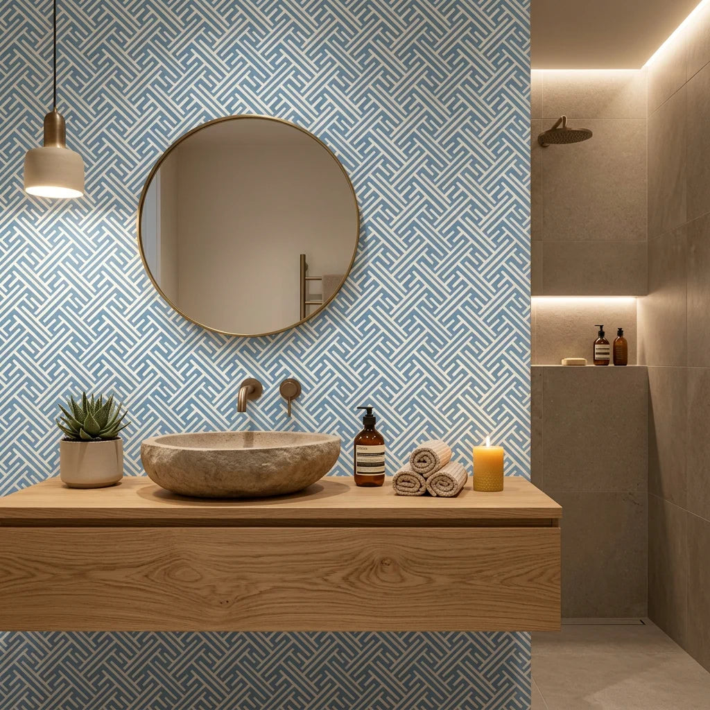 Blue Labyrinth modern geometric peel and stick wallpaper as a feature wall in a bright home office