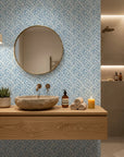 Blue Labyrinth modern geometric peel and stick wallpaper as a feature wall in a bright home office
