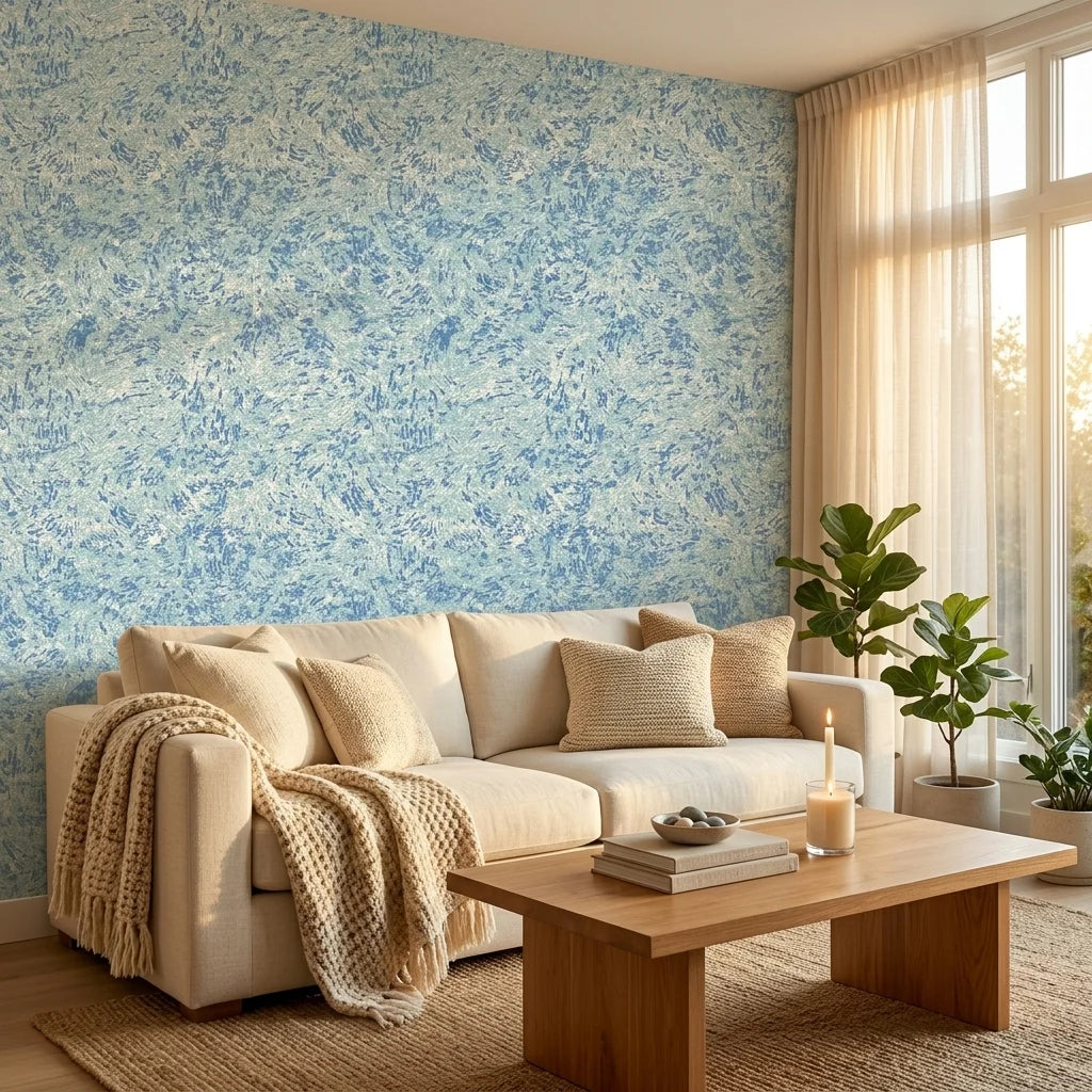 Blue Mirage coastal abstract peel and stick wallpaper in a warm and inviting living room