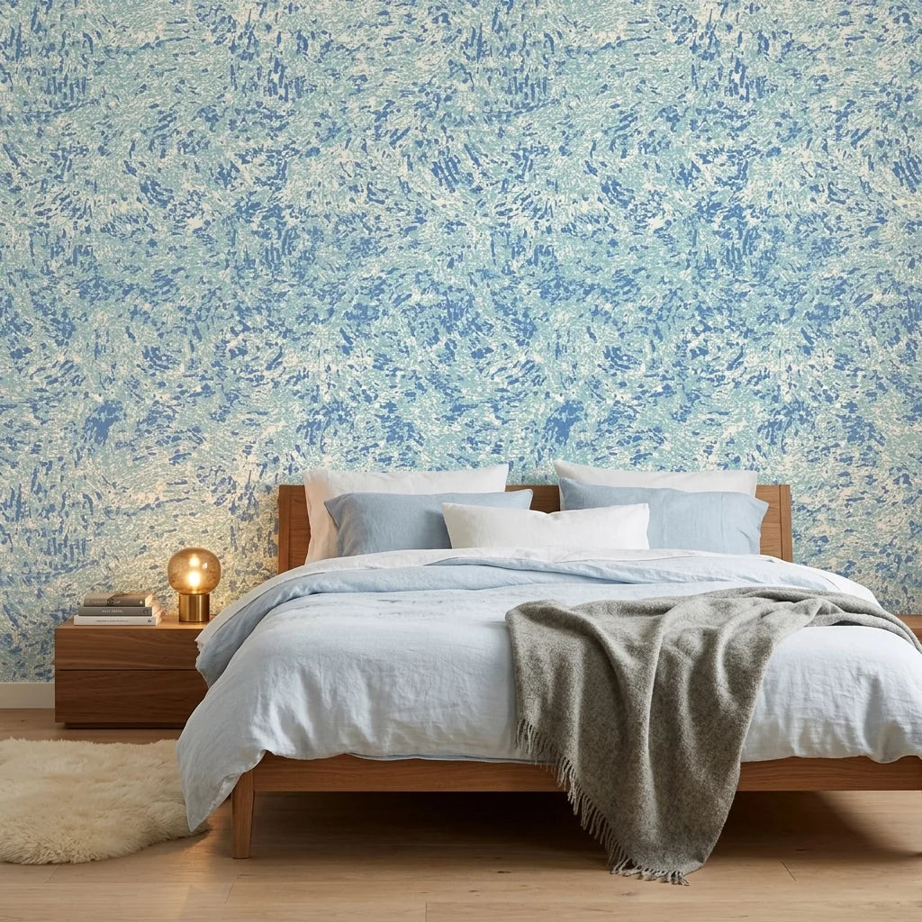 Blue Mirage coastal abstract peel and stick wallpaper adding character to a cozy bedroom