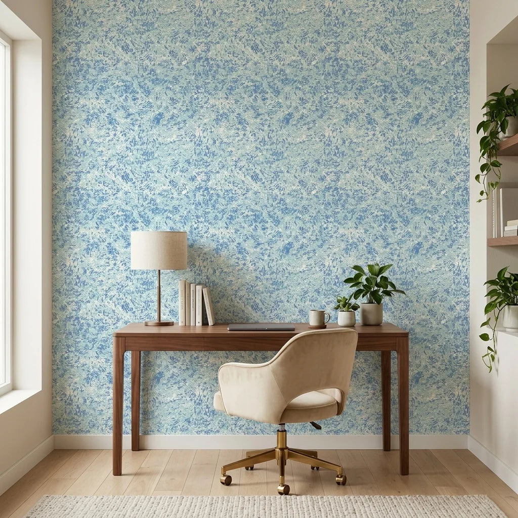 Blue Mirage coastal abstract peel and stick wallpaper as a feature wall in a bright home office
