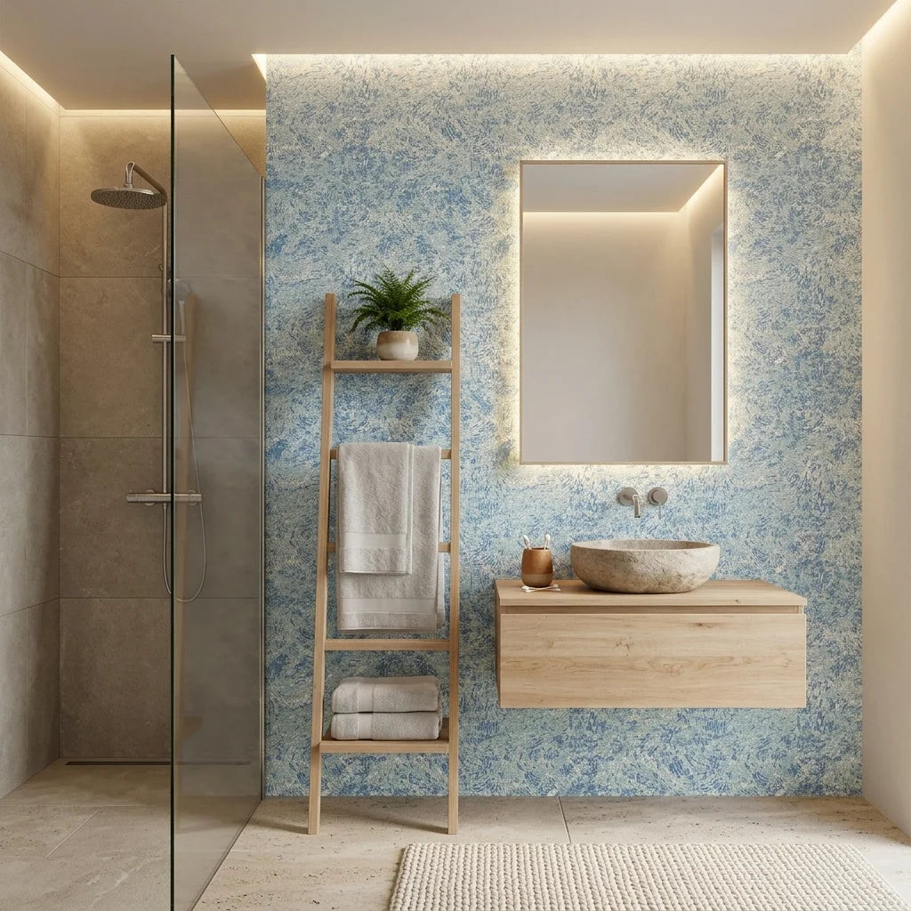Blue Mirage coastal abstract peel and stick wallpaper creating ambiance in a serene bathroom
