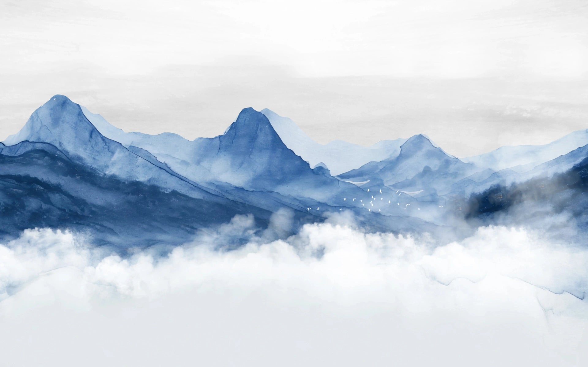 Tranquil Blue Mountains wallpaper with watercolor peaks and misty clouds in soft indigo tones