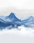 Tranquil Blue Mountains wallpaper with watercolor peaks and misty clouds in soft indigo tones