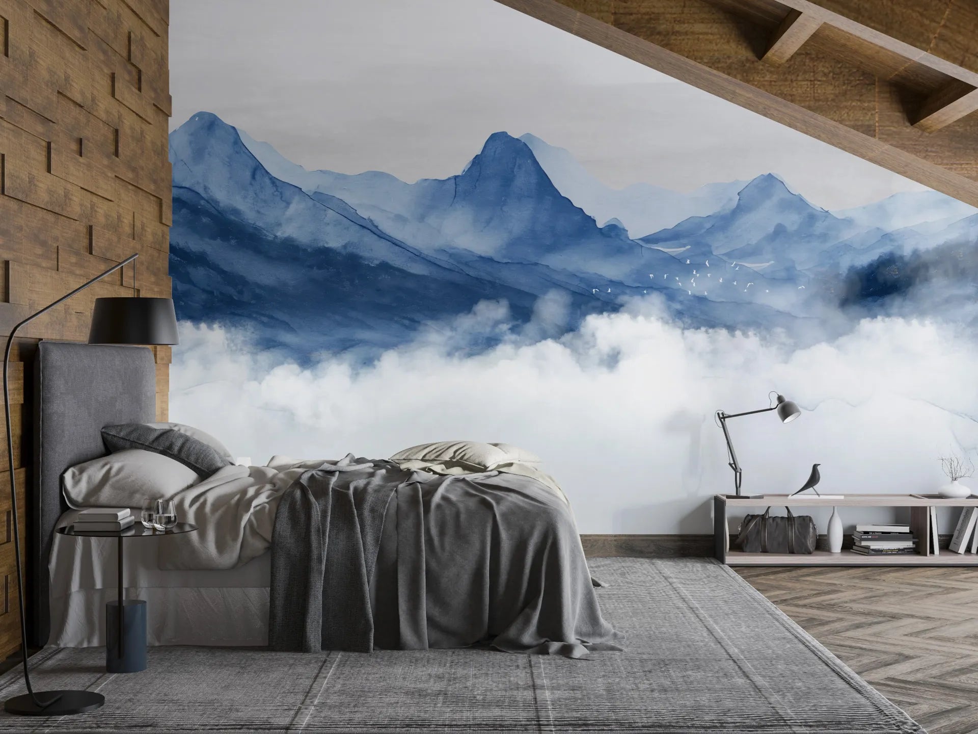 Blue watercolor mountain landscape with clouds on Blue Mountains removable wallpaper in modern bedroom
