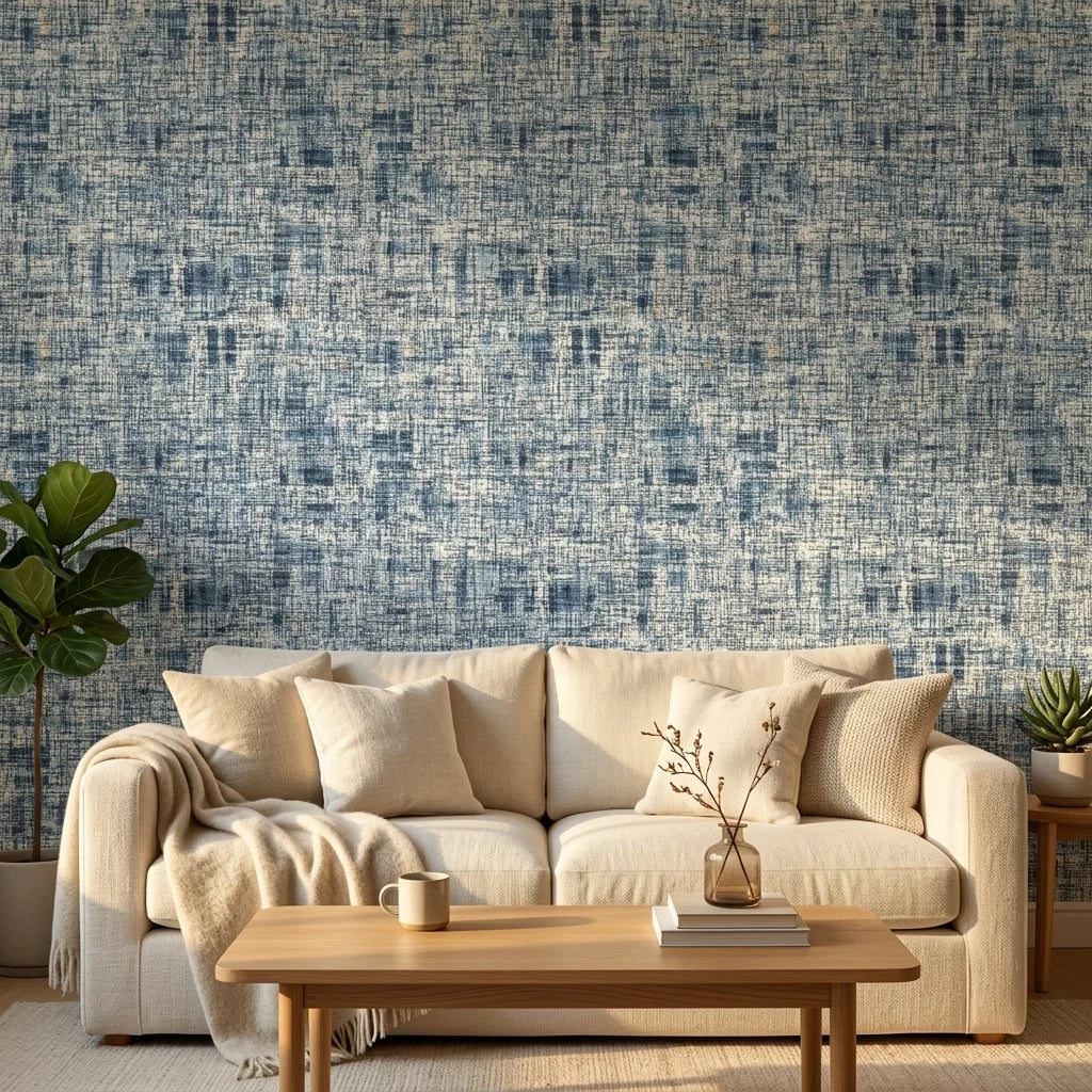 Blue Noise abstract textured peel and stick wallpaper in a warm and inviting living room