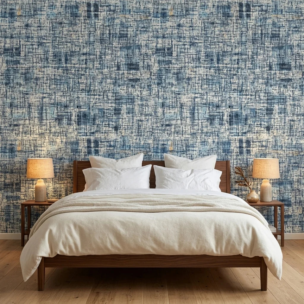 Blue Noise abstract textured peel and stick wallpaper adding character to a cozy bedroom