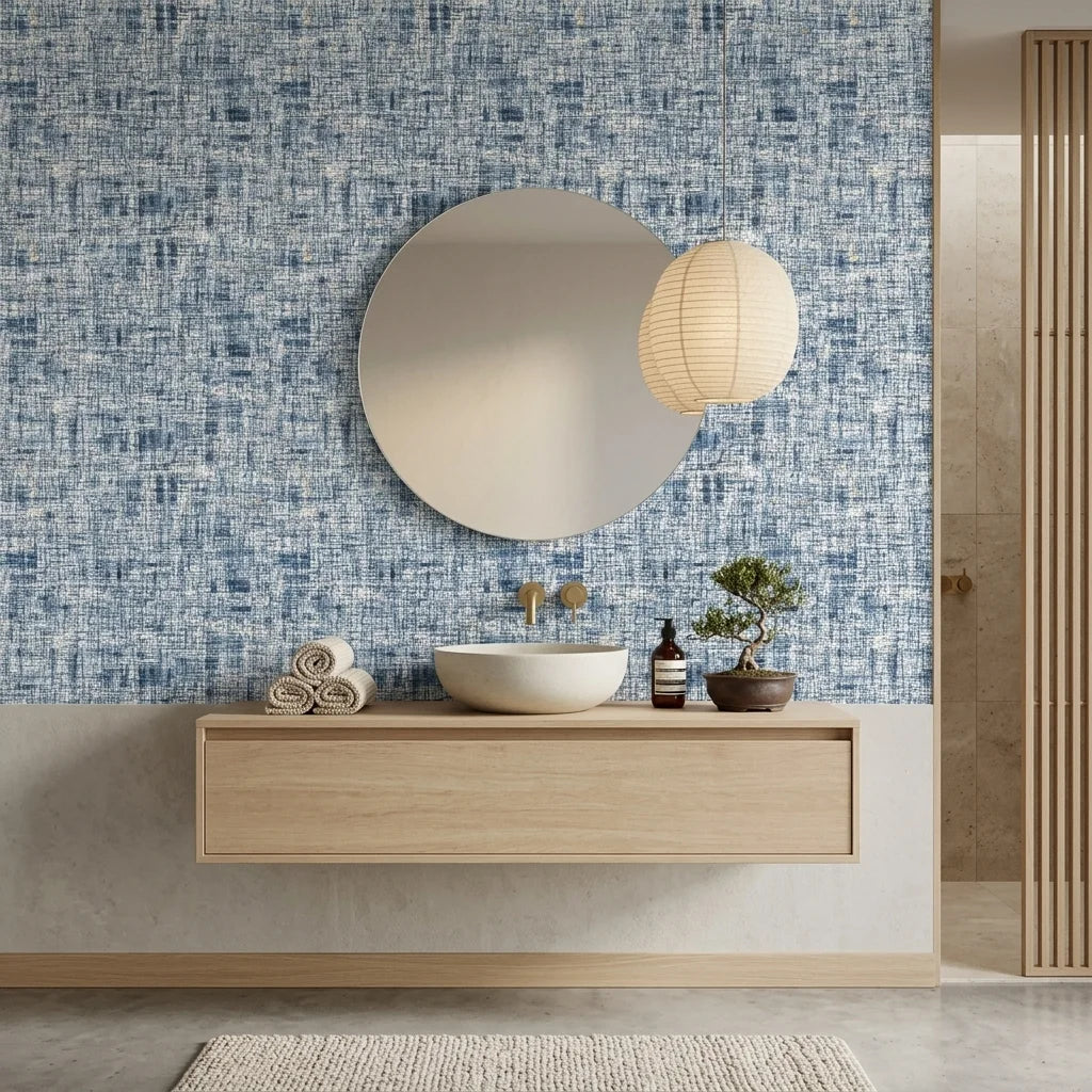 Blue Noise abstract textured peel and stick wallpaper creating ambiance in a serene bathroom