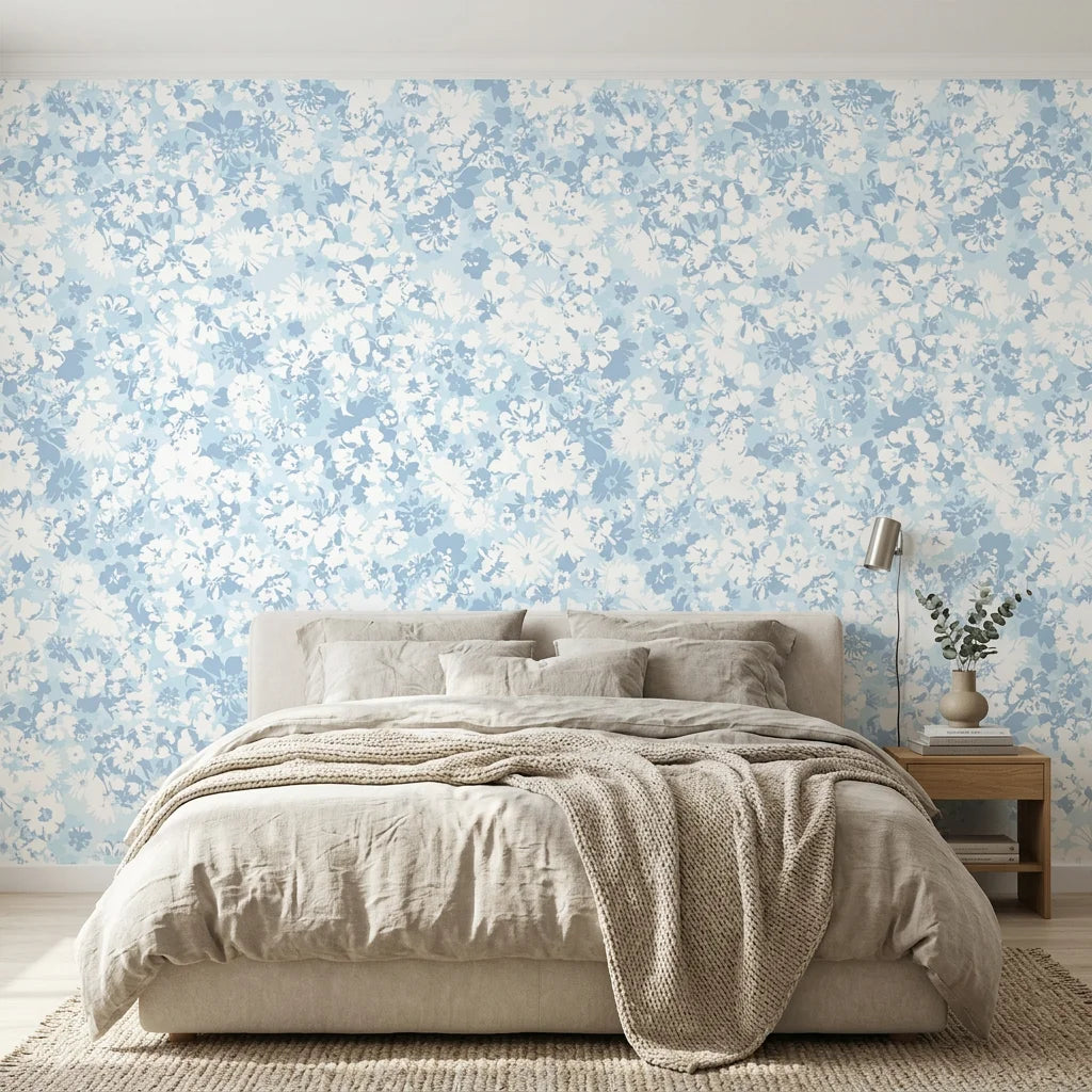 Smooth light blue and white floral peel and stick wallpaper - Blue Petal Cloud