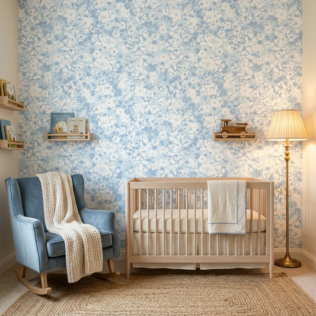Blue Petal Cloud serene blue floral wallpaper in a warm and inviting living room